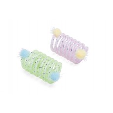 Beeztees Kitten Springveer Zing - Kattenspeelgoed - Kunststof/polyester - Groen/roze - 2 stuks - 5x3x3 cm 5x3x3